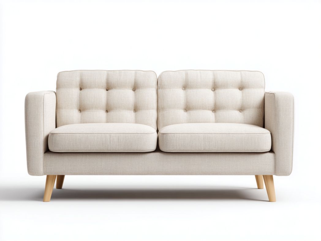 Canapé 2 places en tissu beige clair, pieds en bois couleur naturelle