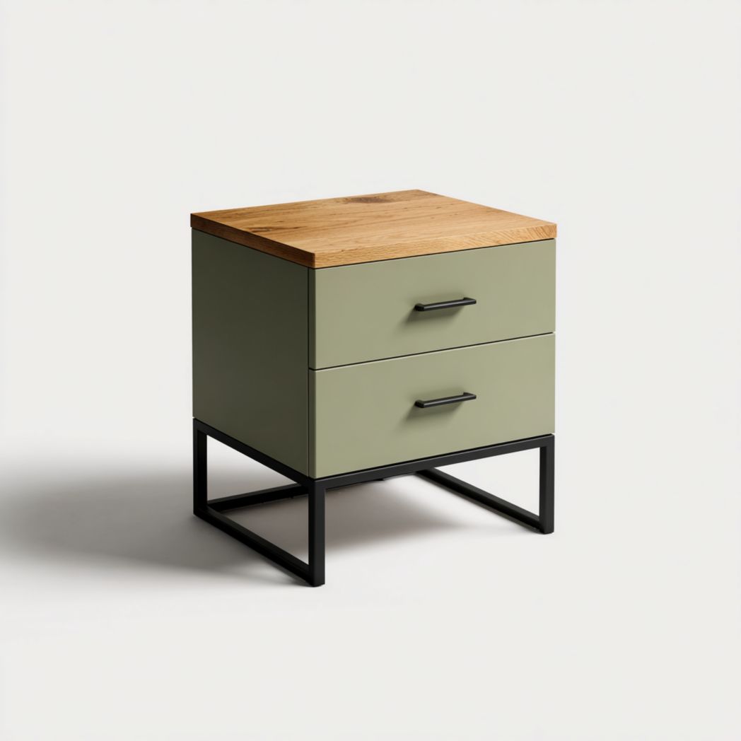 Table de chevet à deux tiroirs couleur vert olive avec cadre métallique noir et plateau en bois naturel
