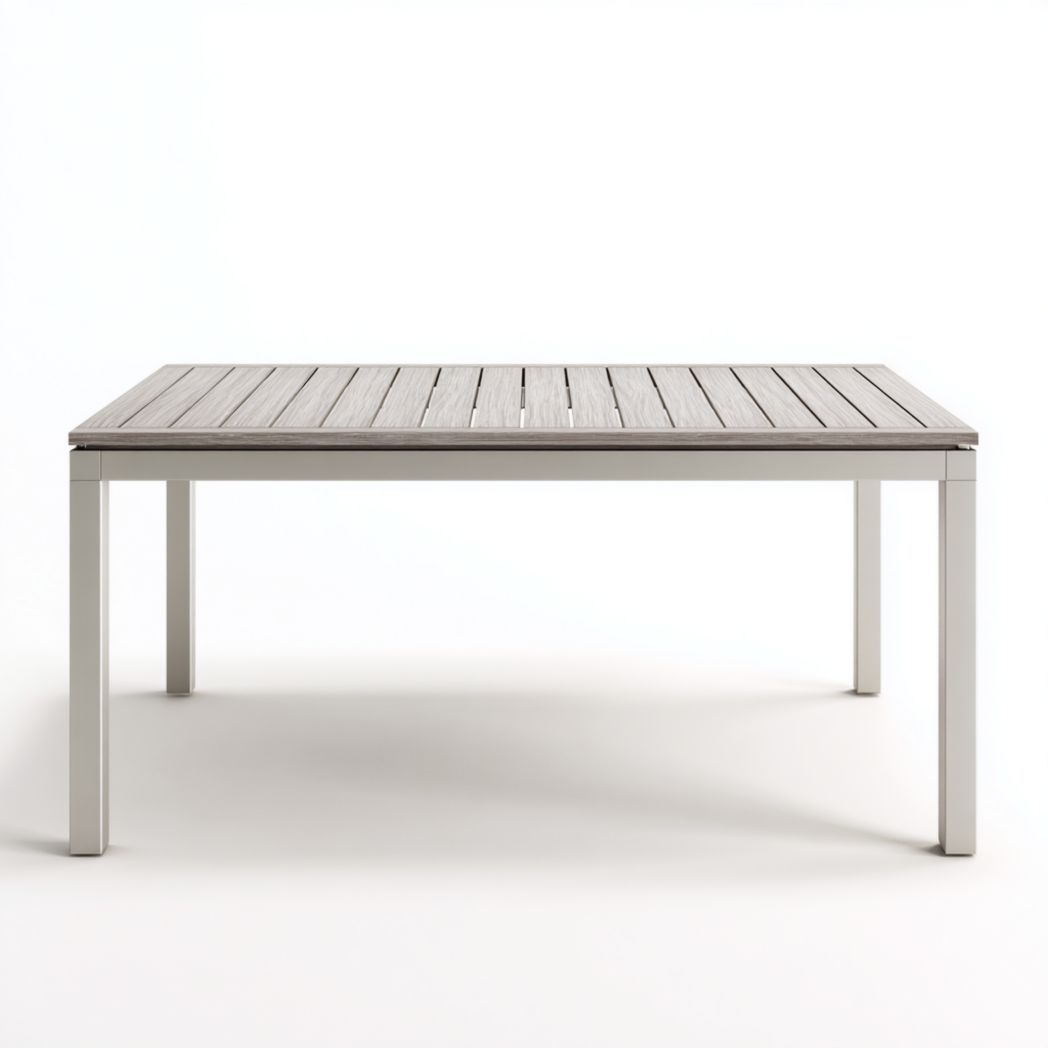 Table de jardin rectangulaire de jardin en aluminium effet bois, plateau gris bois clair