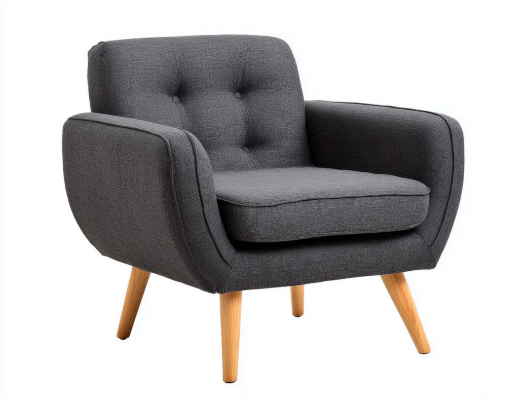Fauteuil en tissu gris foncé, pieds en bois naturel
