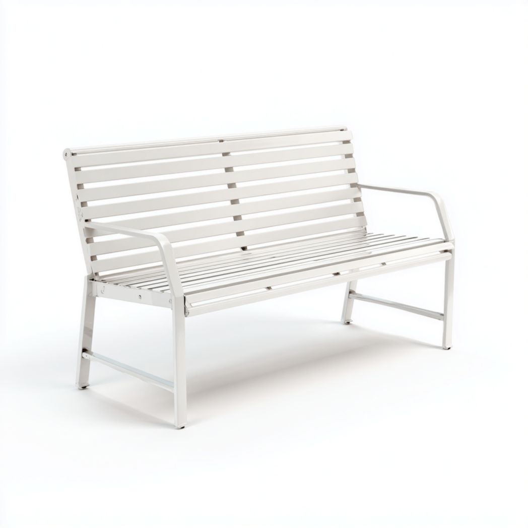 Banc de jardin à lattes en métal blanc avec accoudoirs