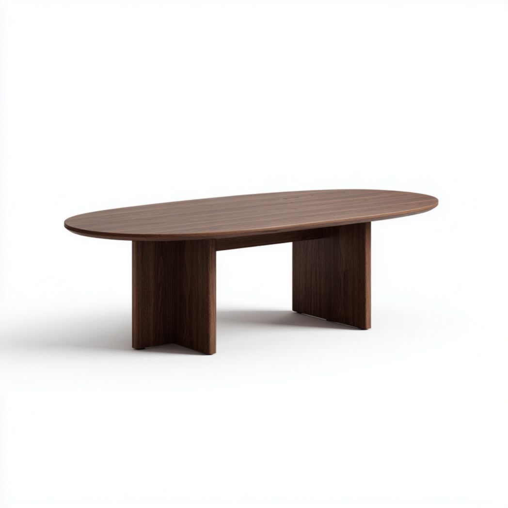 Table à manger ovale couleur noyer foncé, piètement double panneau en bois
