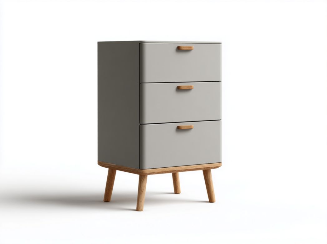 Commode 3 tiroirs - Panneaux MDF gris, poignées et pieds en bois naturel