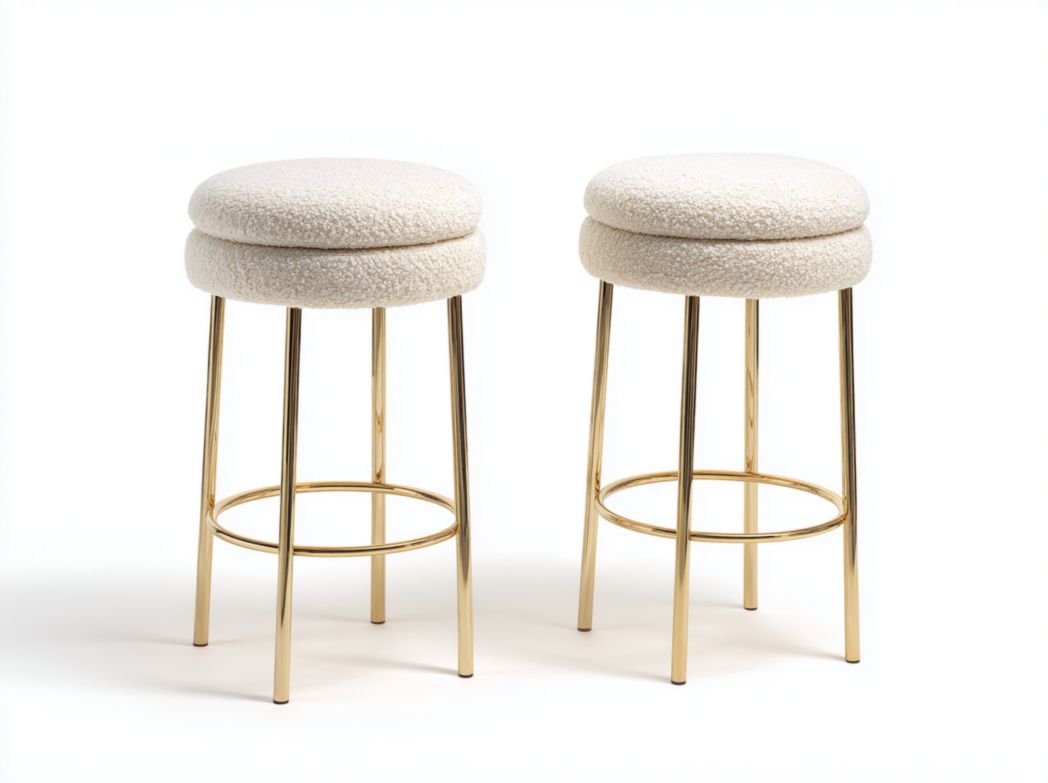Lot de 2 tabourets de bar ronds en tissu bouclette blanc cassé, pieds métalliques dorés