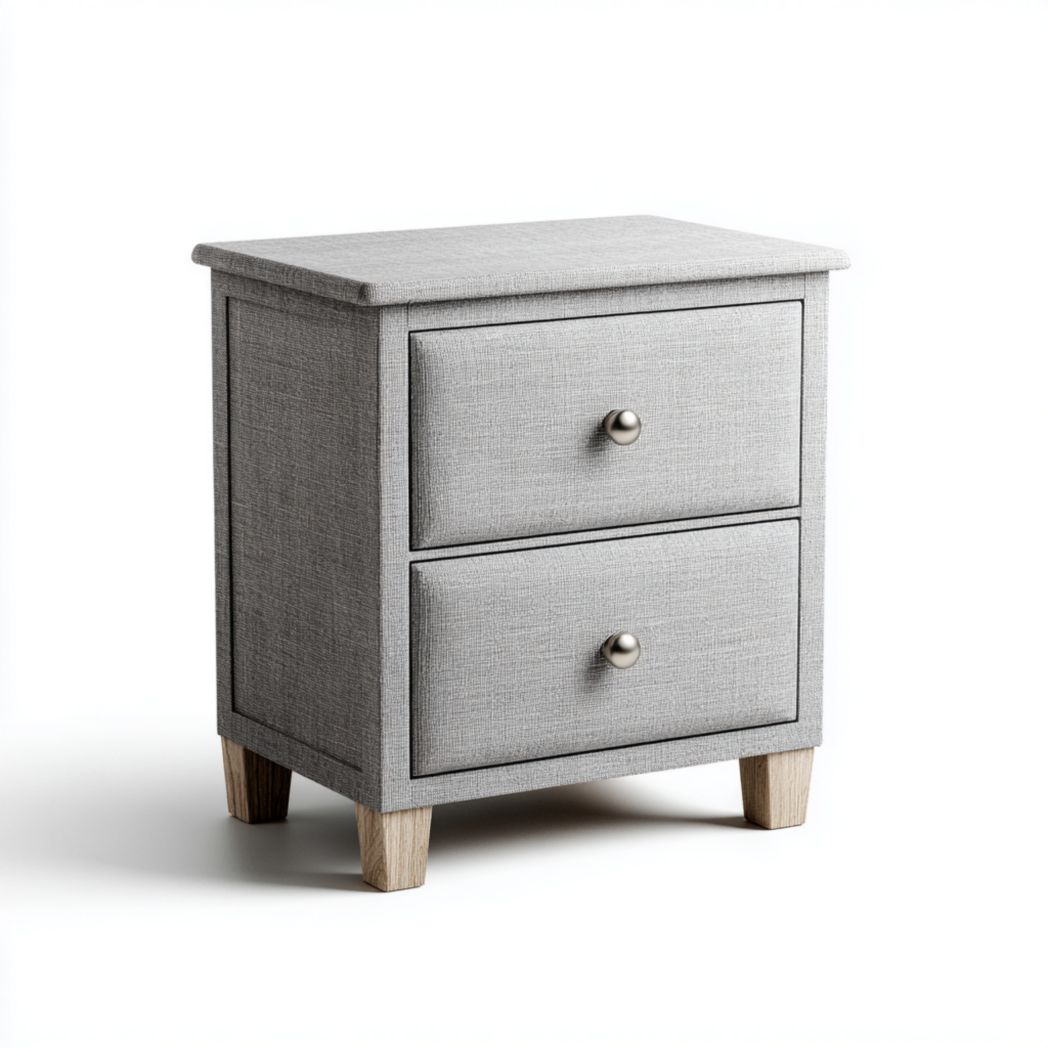 Table de chevet deux tiroirs tissu polyester aspect lin gris clair pieds bois poignées métal