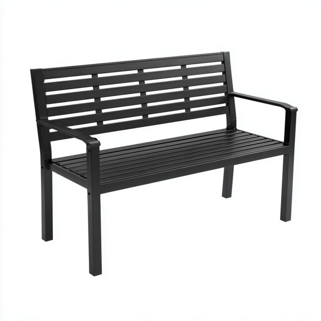 Banc de jardin en métal noir à cadre droit avec accoudoirs