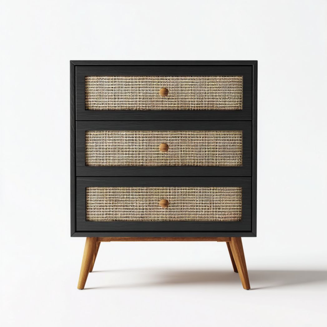 Commode 3 tiroirs en rotin - Corps noir et poignées couleur bois naturel