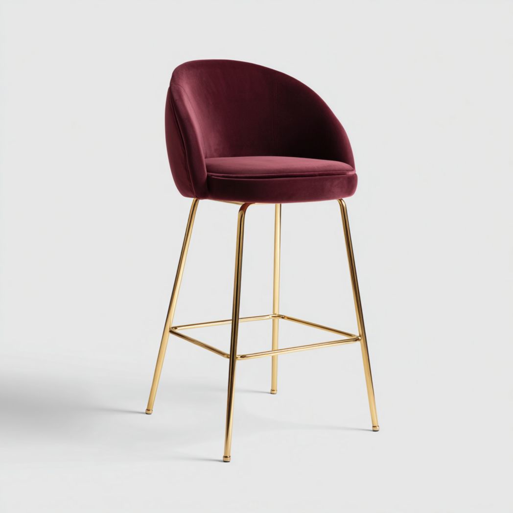 Tabouret de bar en velours bordeaux, pieds métalliques dorés