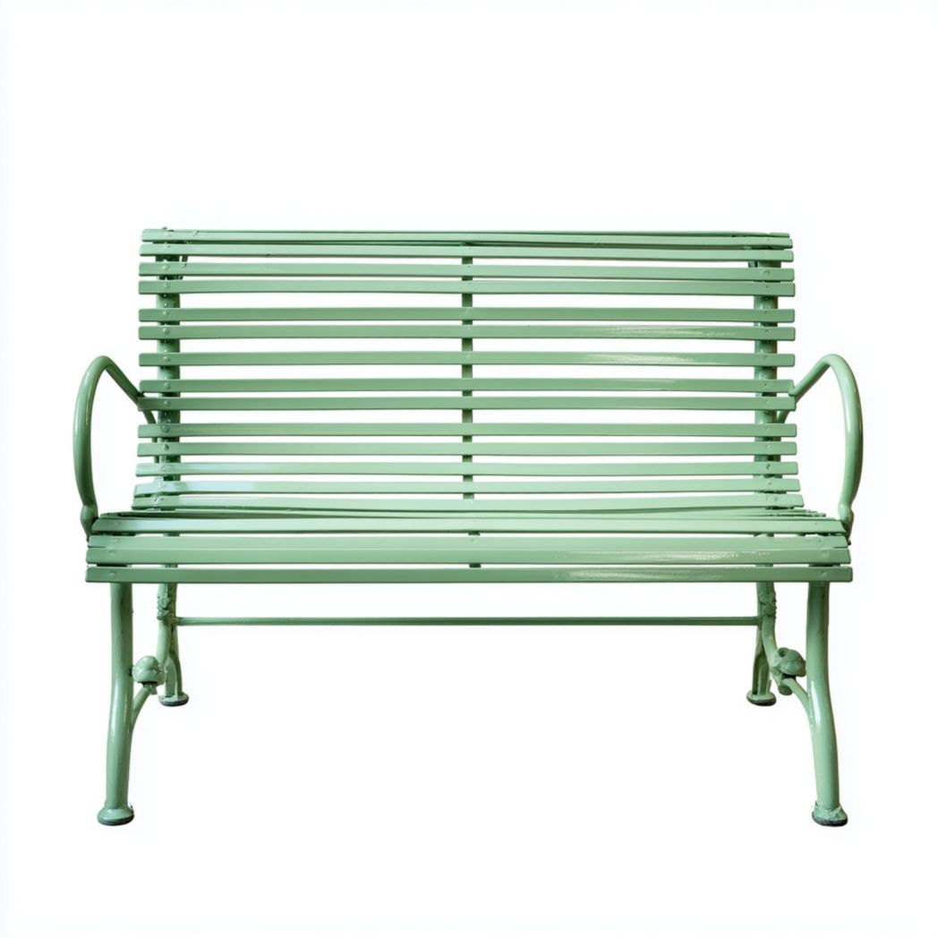 Banc de jardin à lattes en métal vert clair avec accoudoirs