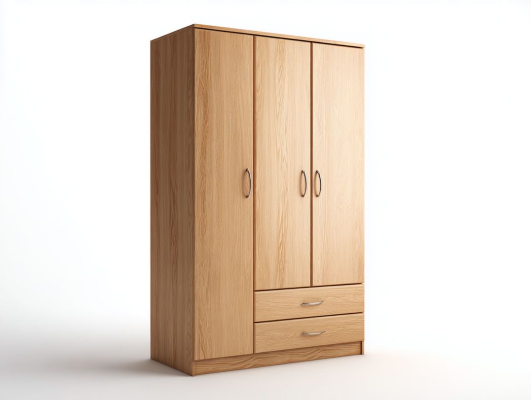 Armoire 3 portes 2 tiroirs - Panneaux MDF chêne clair, poignées métal argentées