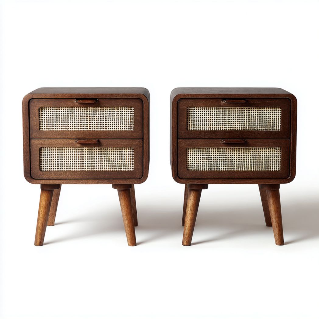 Lot de 2 tables de chevet bois massif et rotin tressé couleur noyer foncé