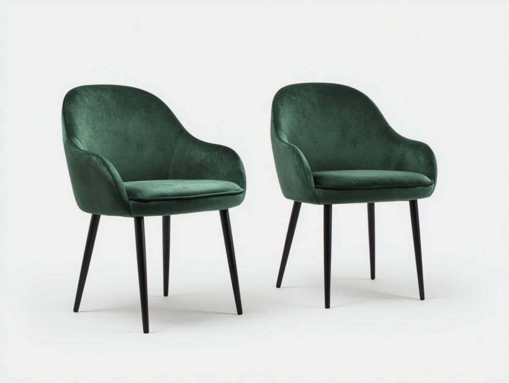 Lot de 2 chaises de salle à manger en velours vert, dossier arrondi et pieds métalliques noirs