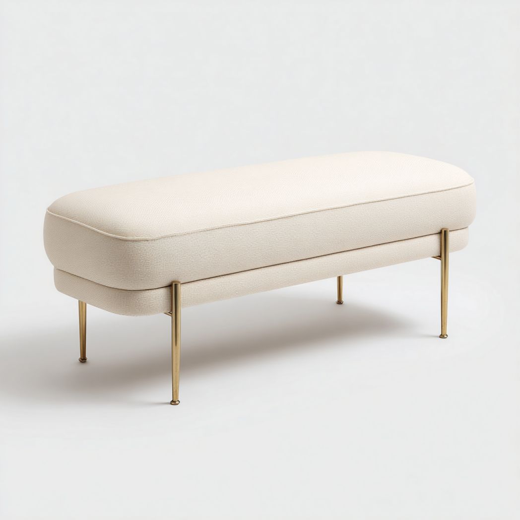 Banquette arrondie en tissu blanc cassé, pieds en métal doré