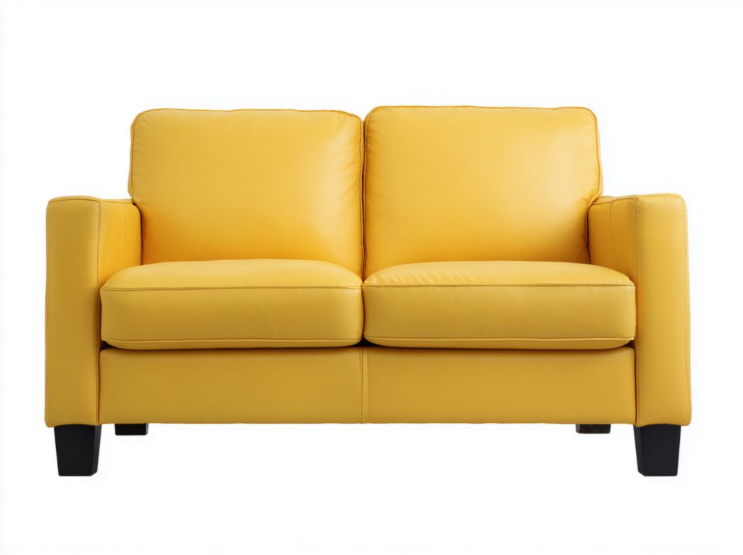 Canapé 2 places en cuir jaune vif, pieds en bois noir