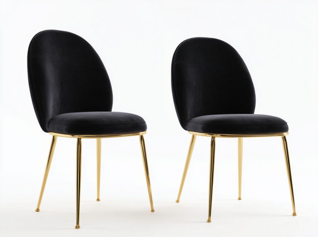 Lot de 2 chaises de salle à manger en velours noir, pieds métalliques dorés