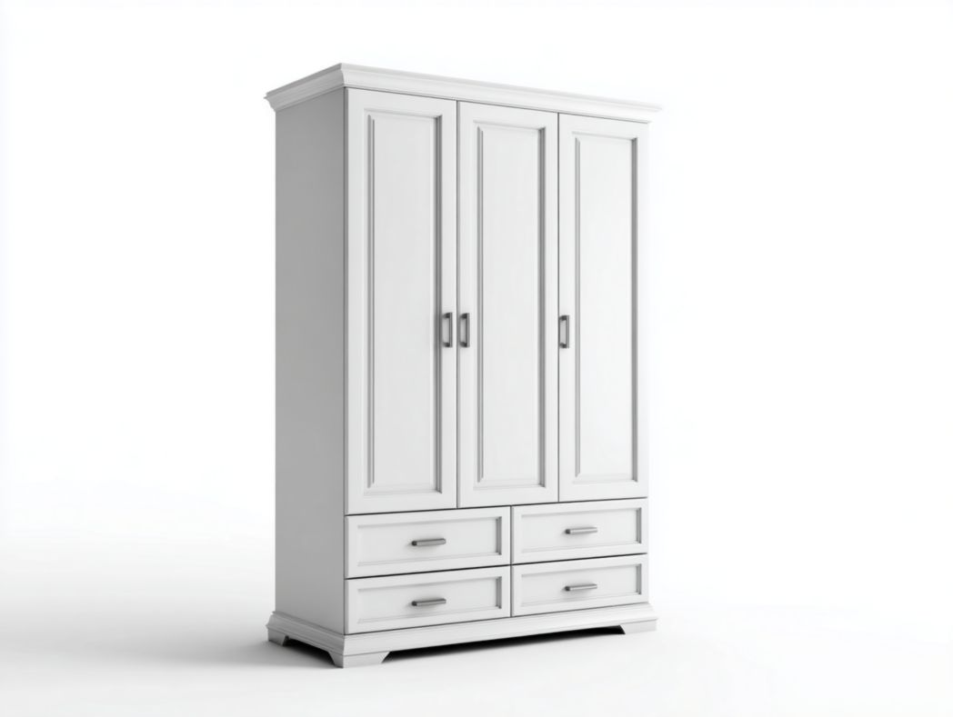 Armoire 3 portes 4 tiroirs - Panneaux MDF blanc, poignées métal argentées