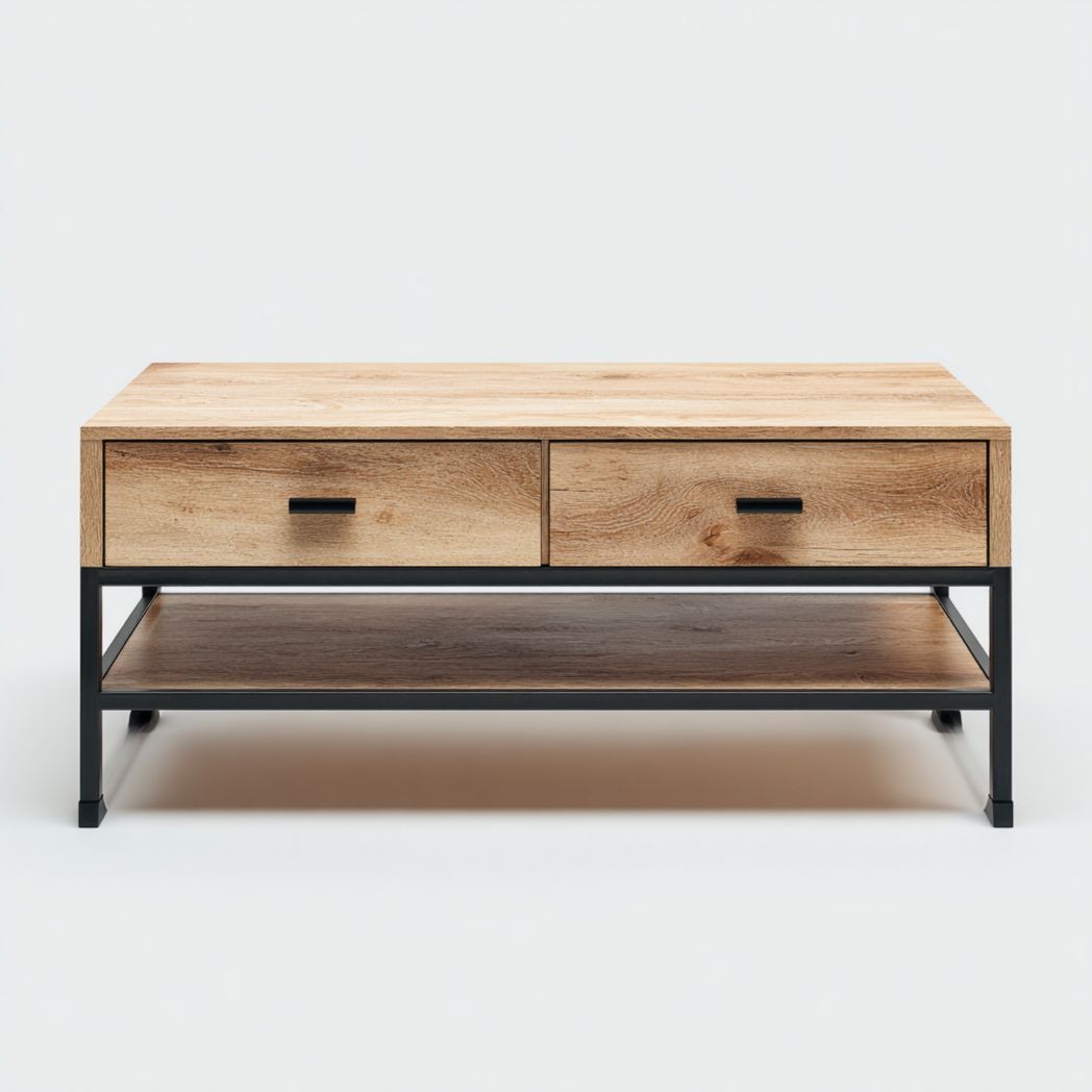 Table basse à deux tiroirs couleur chêne clair cadre métallique noir