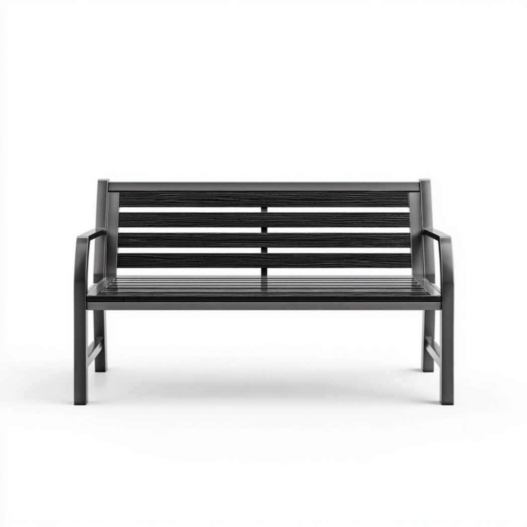 Banc de jardin en métal noir à cadre courbé avec accoudoirs