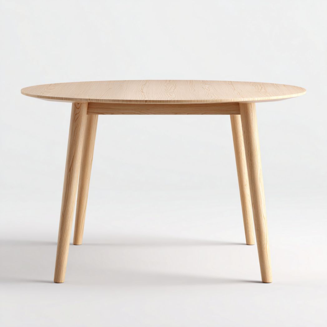 Table à manger ronde couleur bois naturel, pieds coniques en bois massif