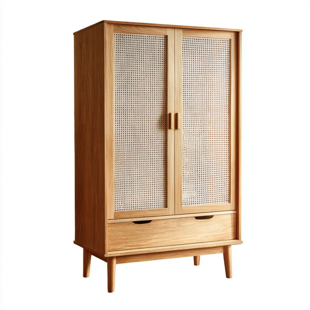 Armoire 2 portes 1 tiroir en rotin - Bois couleur naturelle, portes rotin beige