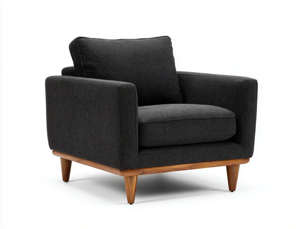 Fauteuil en lin noir, pieds en bois naturel