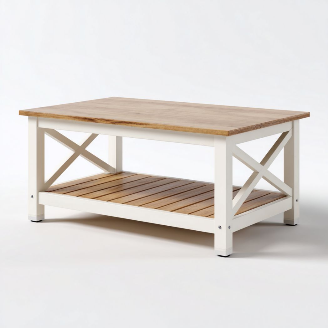 Table basse rectangulaire - plateau couleur chêne clair, structure blanc cassé