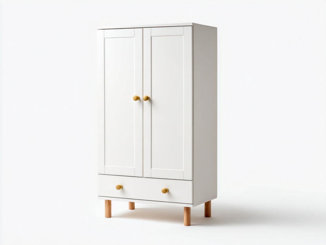 Armoire 2 portes 1 tiroir - Panneaux MDF blancs avec poignées et pieds en bois naturel