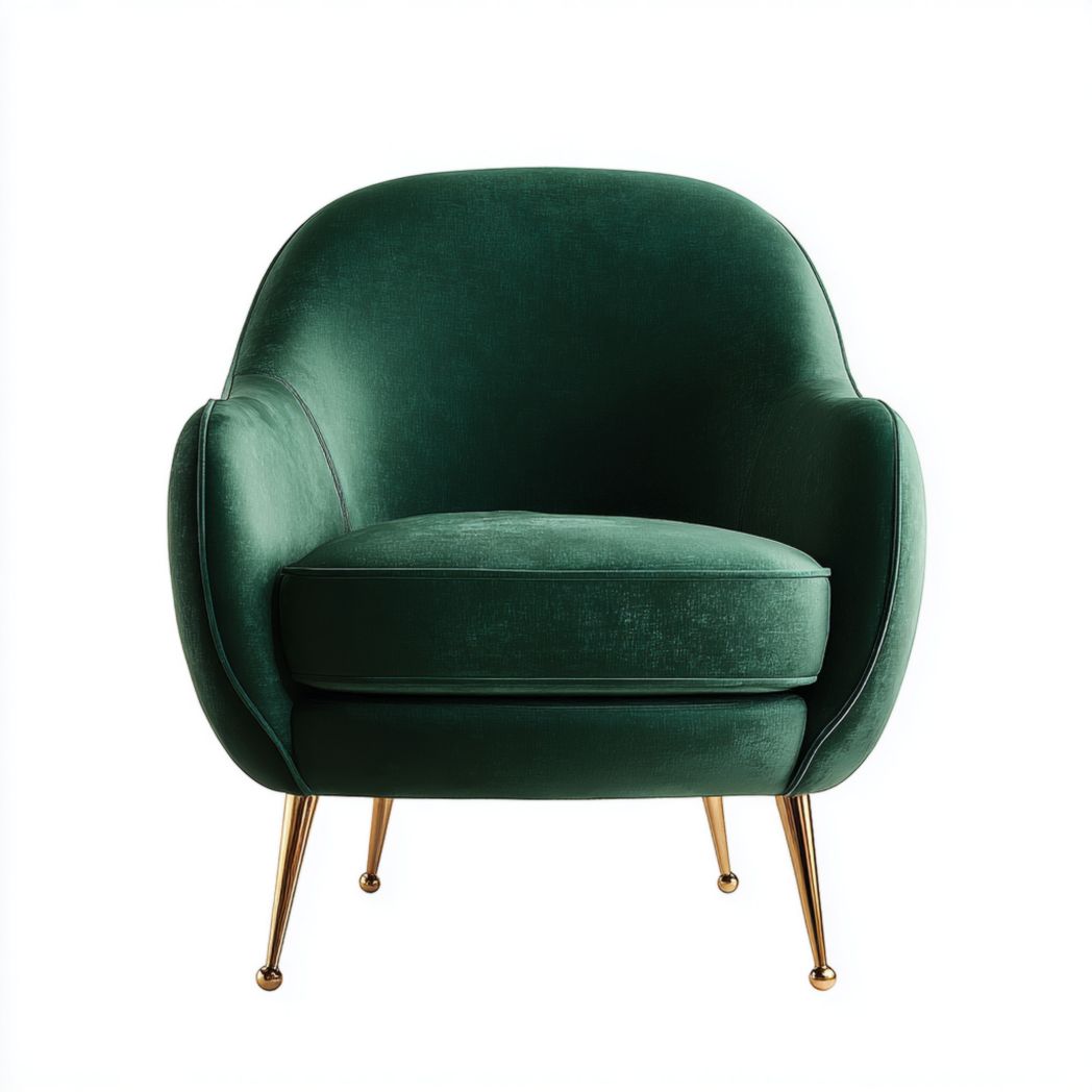 Fauteuil en velours vert foncé, pieds en métal doré