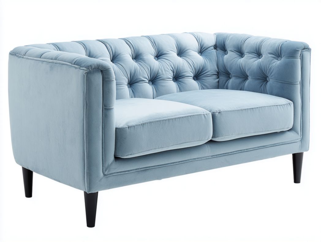 Canapé 2 places en velours côtelé bleu ciel, pieds métalliques noirs