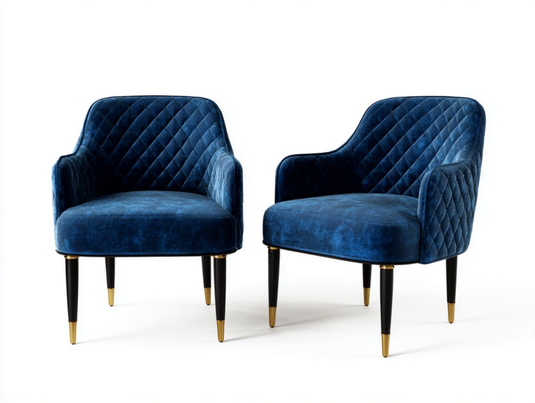Lot de 2 chaises de salle à manger en velours bleu matelassé, pieds métalliques noirs et dorés