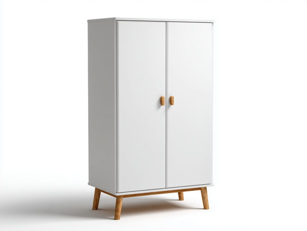Armoire 2 portes - Panneaux MDF blanc, poignées et pieds bois naturel
