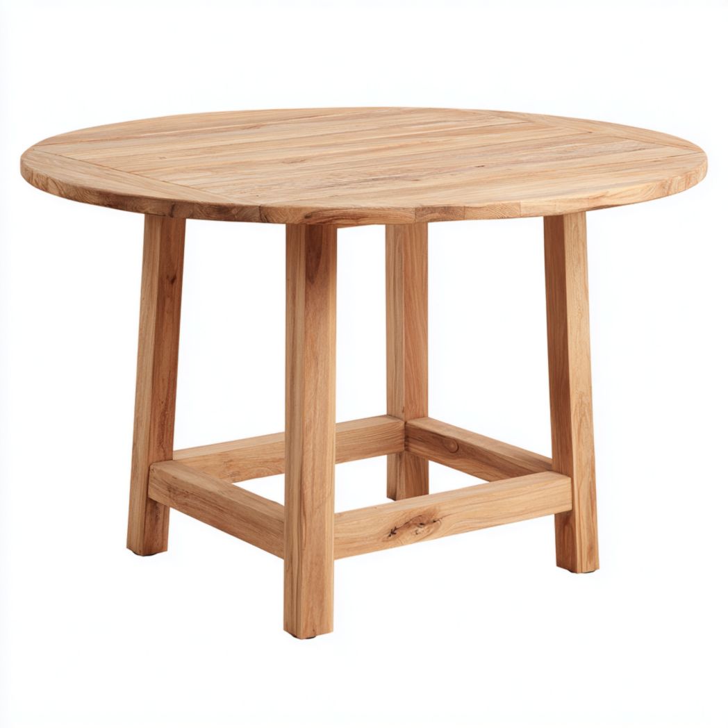 Table de jardin ronde en bois de teck avec barre inférieure