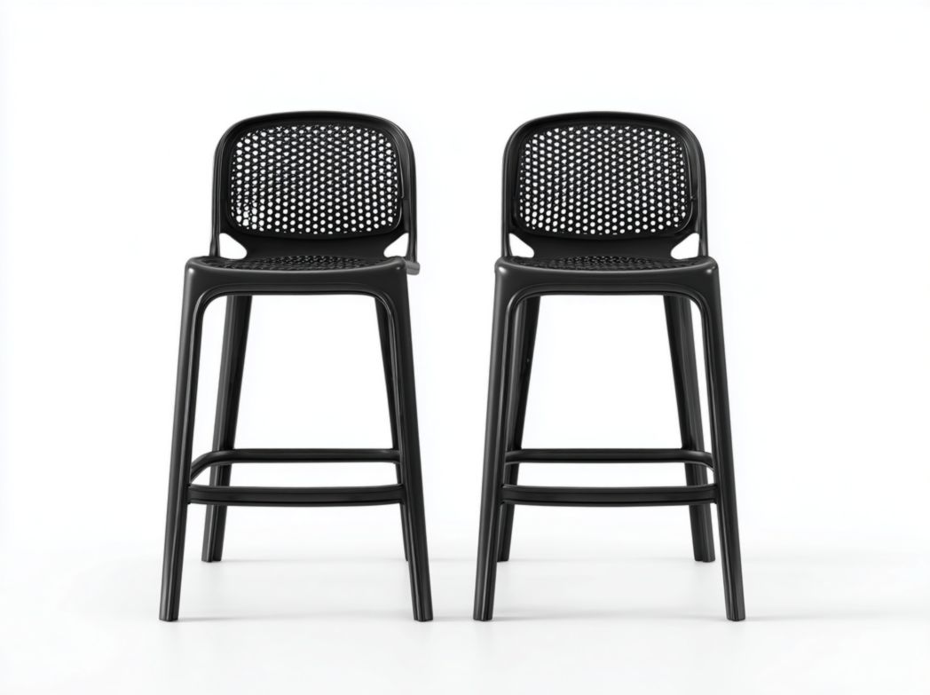 Lot de 2 tabourets de bar en plastique noir, dossier ajouré