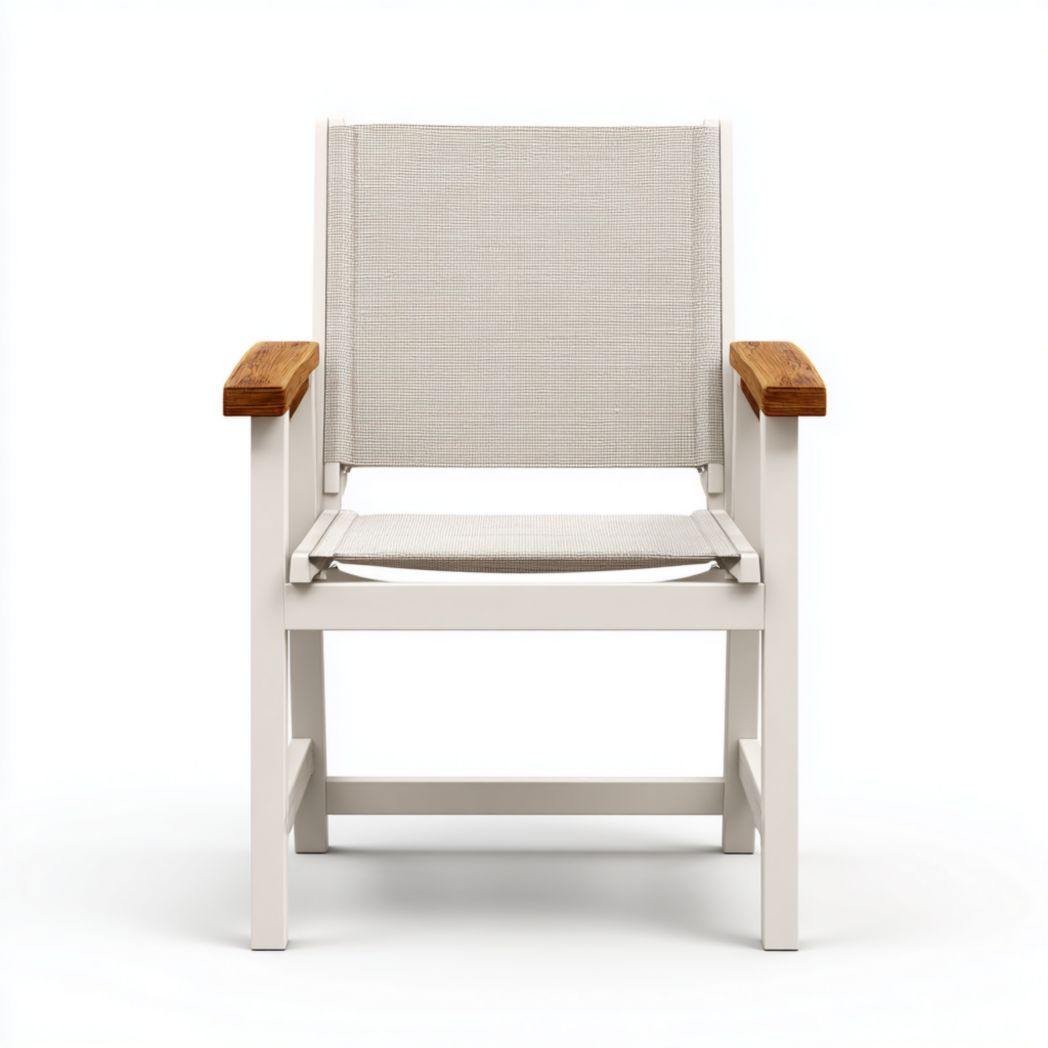 Chaise de jardin avec structure en métal, assise en tissu et accoudoirs en teck