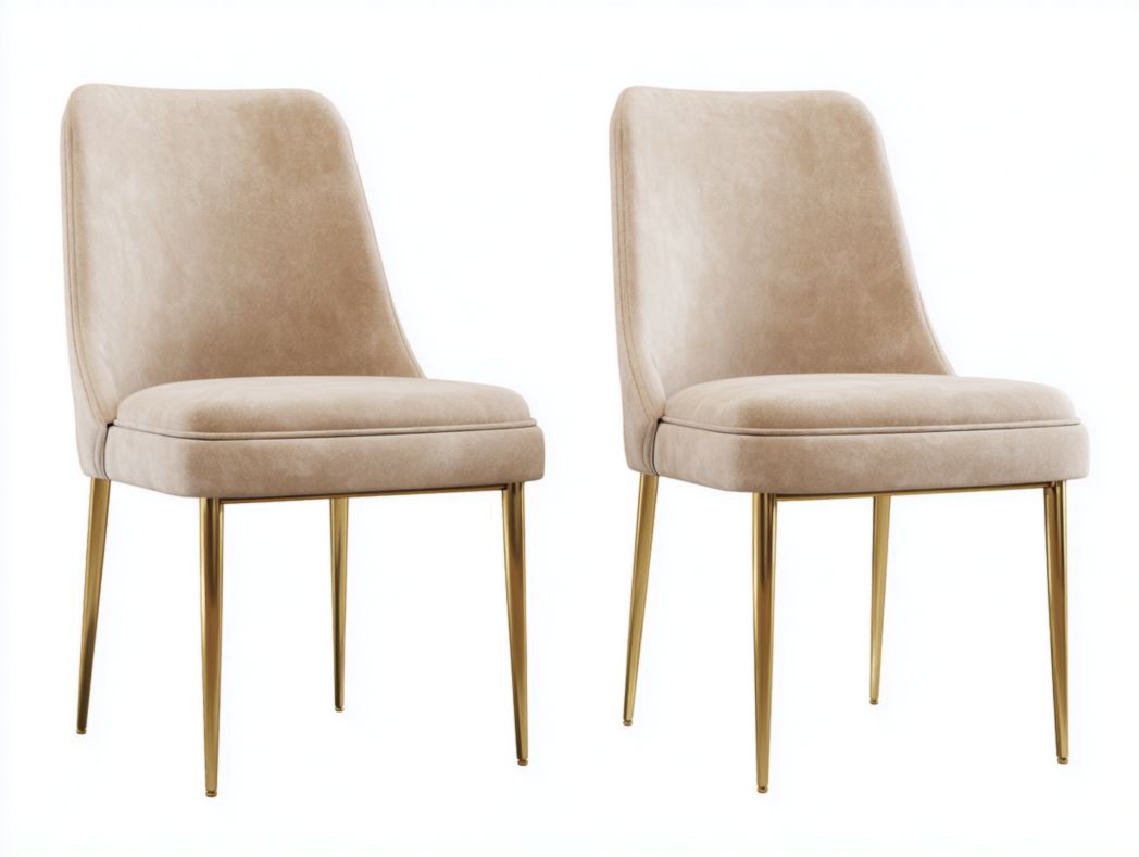 Lot de 2 chaises en velours beige, pieds métalliques dorés