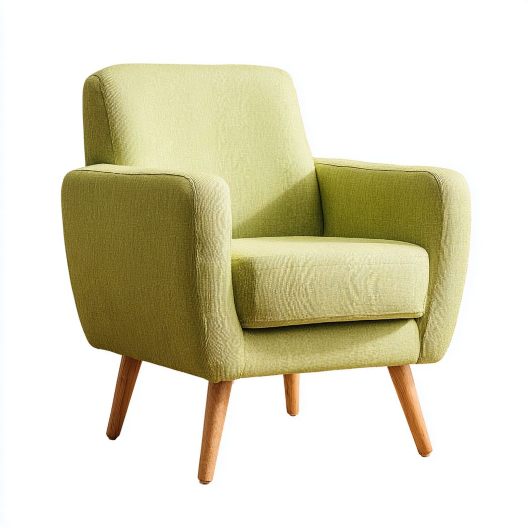 Fauteuil en lin vert, pieds en bois naturel
