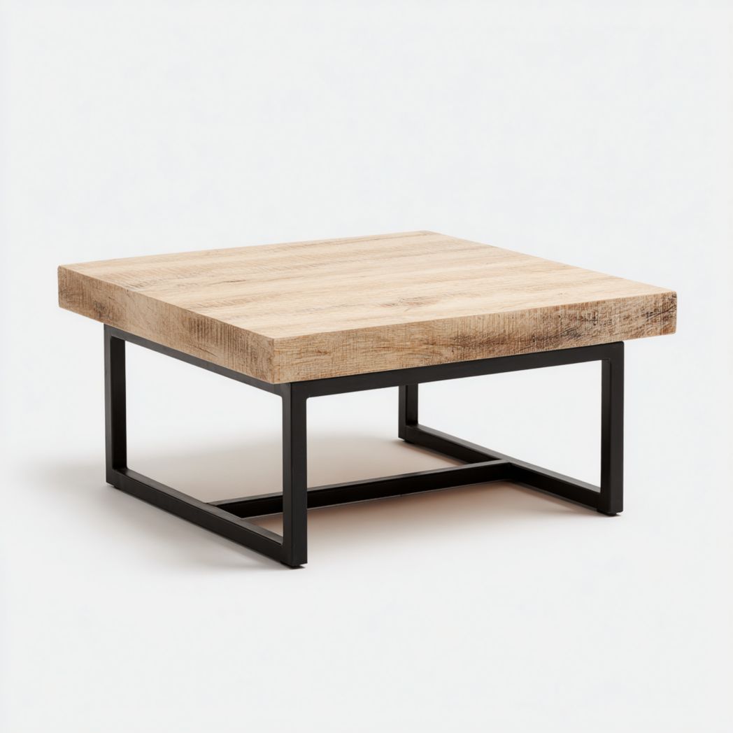 Table basse carrée - plateau effet chêne, structure métallique noire