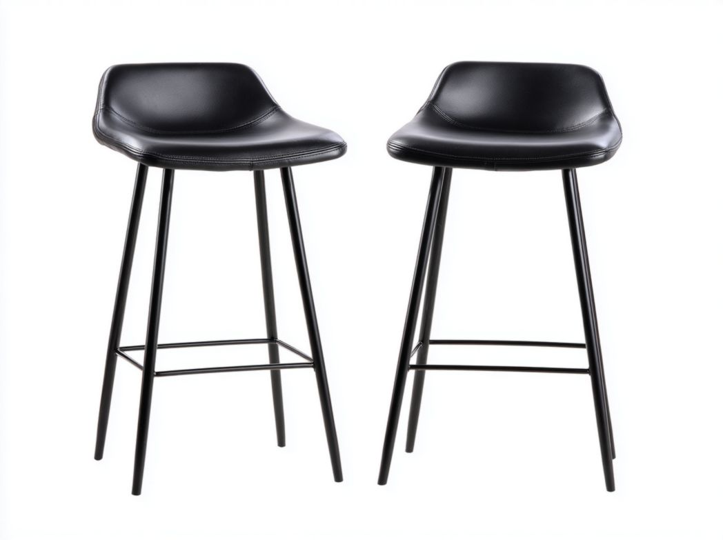 Lot de 2 tabourets de bar en simili cuir noir, pieds métalliques noirs