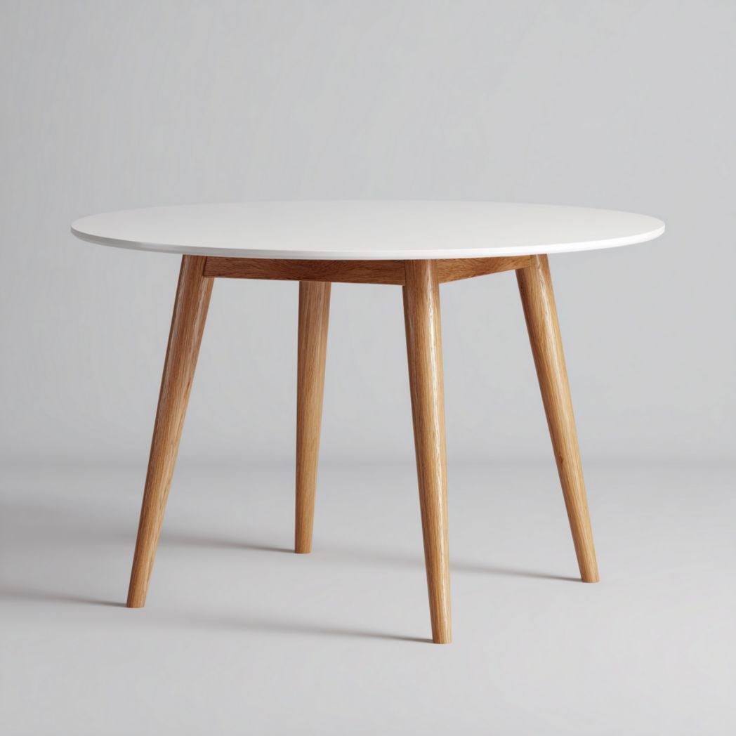 Table à manger ronde blanche, pieds coniques en bois naturel