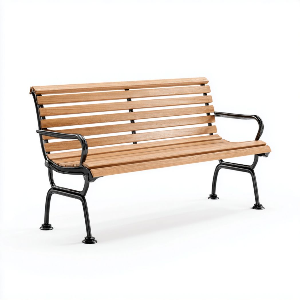 Banc de jardin en bois et métal brun clair avec accoudoirs noirs