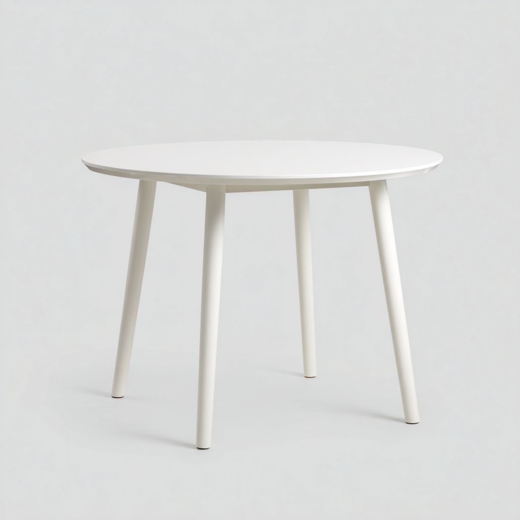 Table à manger ronde en bois massif blanc, pieds cylindriques en bois