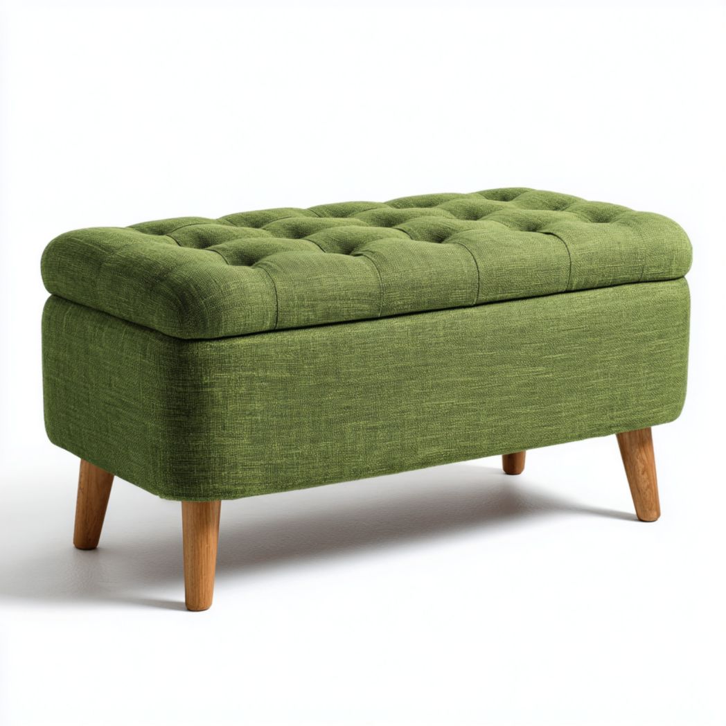 Banquette de rangement capitonnée en tissu vert - pieds coniques en bois naturel
