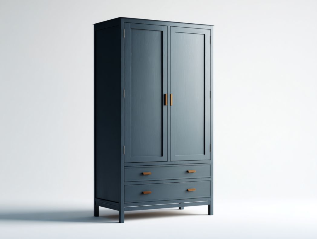 Armoire 2 portes 2 tiroirs - Panneaux MDF bleu gris, poignées métalliques couleur cuivre