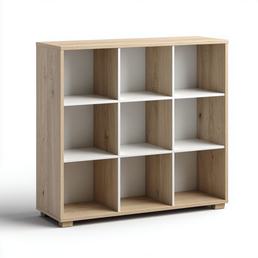 Bibliothèque à neuf compartiments structure combinée bois naturel et blanc
