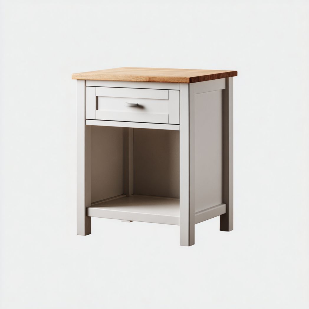 Table de chevet à un tiroir couleur blanc cassé avec plateau bois naturel et compartiment ouvert