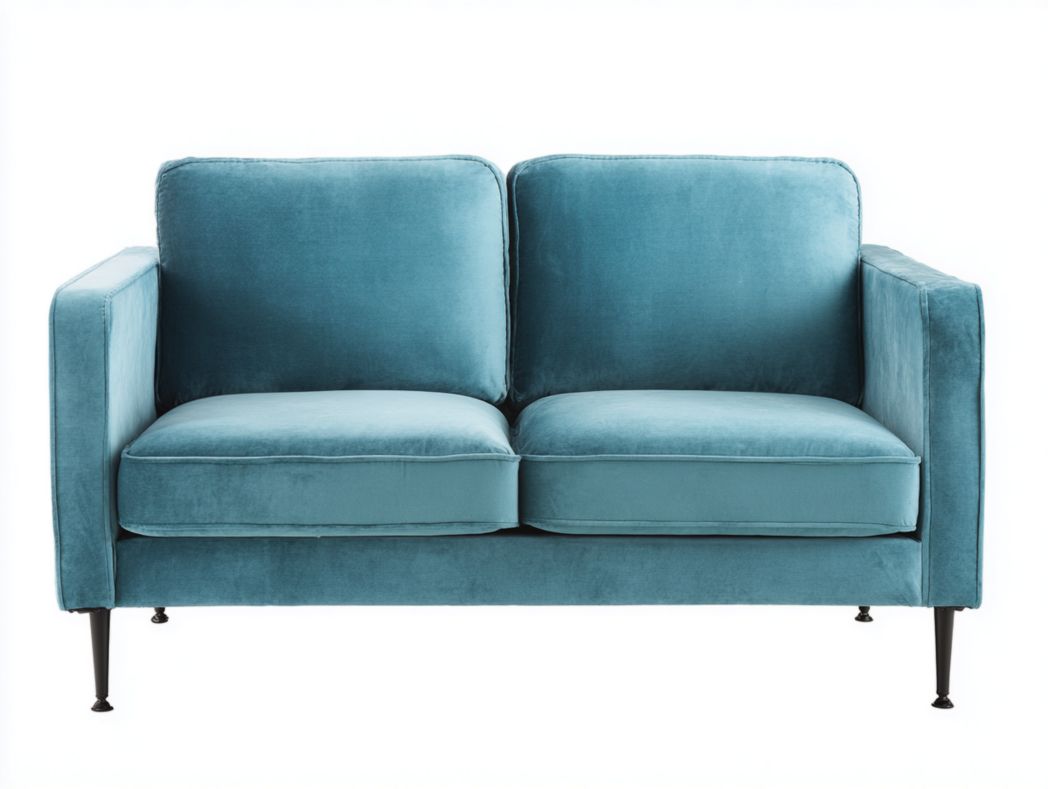Canapé 2 places en velours bleu ciel, pieds métalliques noirs