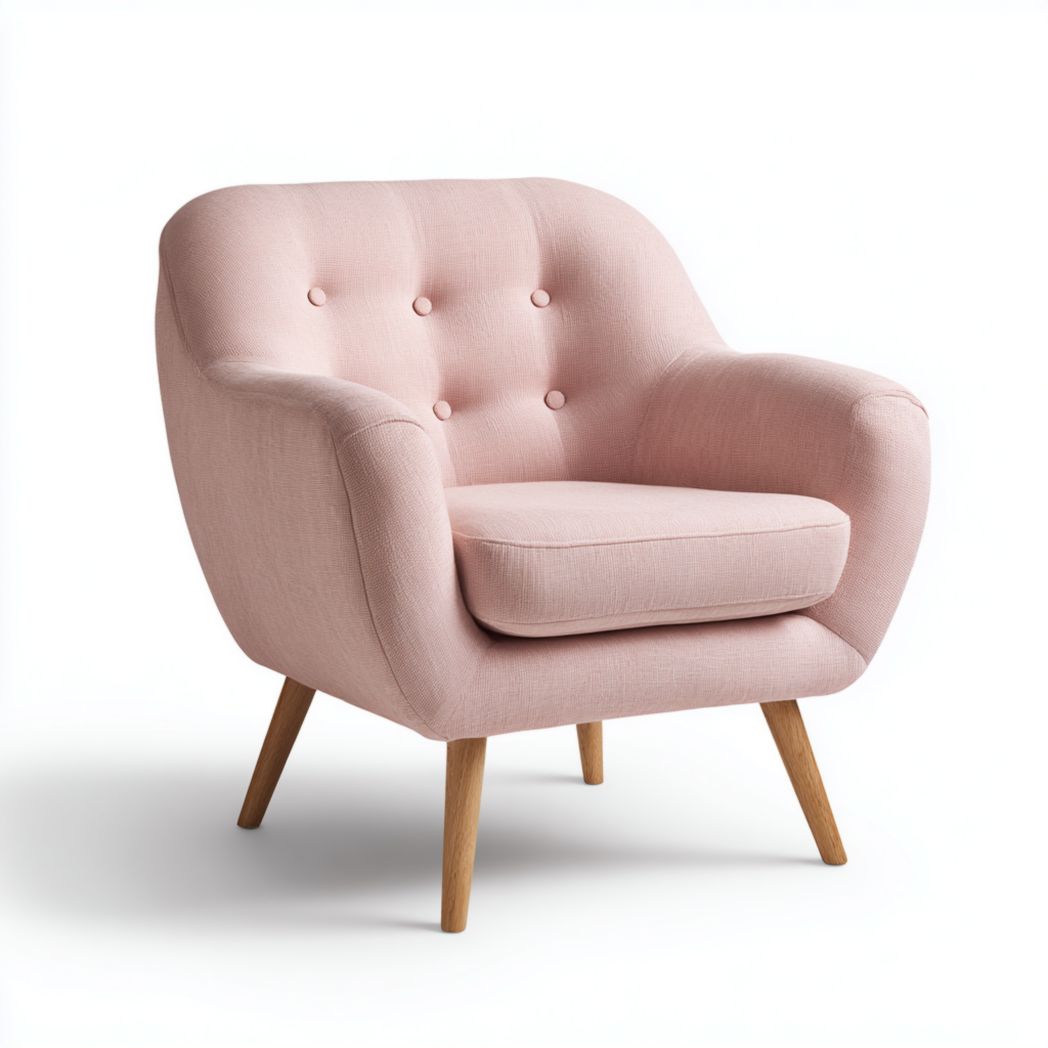 Fauteuil en tissu rose pâle, pieds en bois naturel