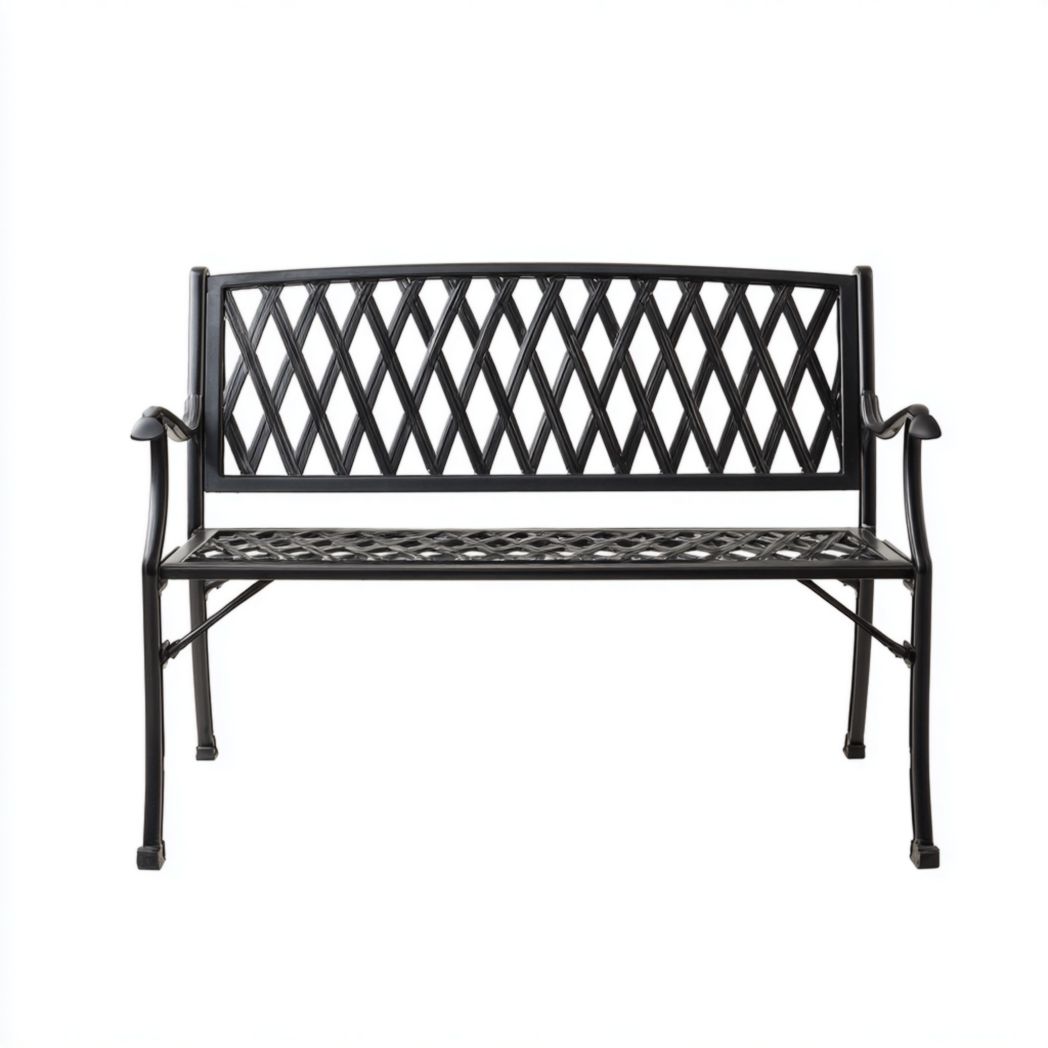 Banc de jardin en métal noir à dossier motif losange avec accoudoirs