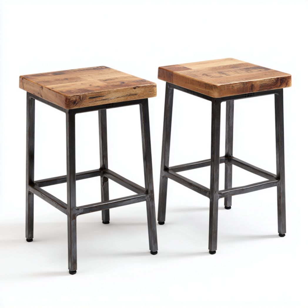 Lot de 2 tabourets de bar carrés en bois massif, structure métallique noire
