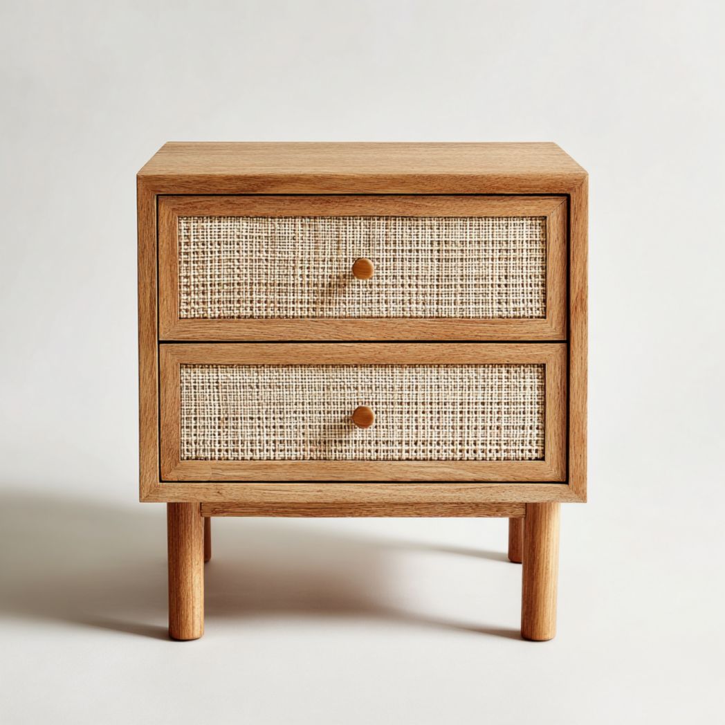 Table de chevet à deux tiroirs couleur bois naturel et rotin beige clair avec pieds en bois